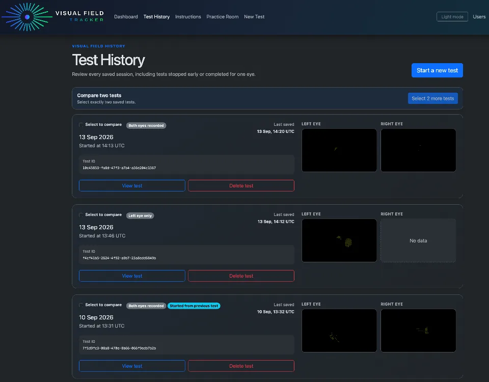 Visual Field Tracker Test history