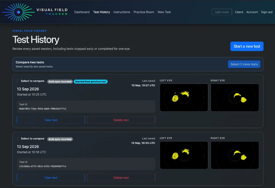 Visual Field Tracker - Test history page